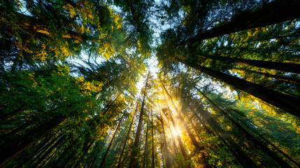 Golden Sunlight Rays Shining Through a Vibrant Forest Canopy &ndash; Lush Greenery, Warm Light Beams, and Serene Woodland Atmosphere