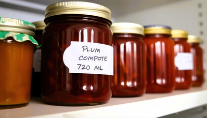Plum compote jars on shelf in farmhouse pantry, red and amber -