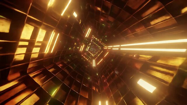Flying Through a Futuristic Golden Orange Illuminated Sci-Fi Geometric Tunnel