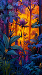 Vibrant Jungle Glowing in the Golden Sunset &ndash; Lush Tropical Foliage, Warm Light Beams, and Dramatic Nature Scenery