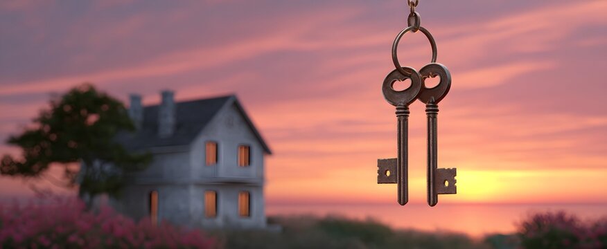 The keys showing fresh starts before a lovely house at sunset glow
