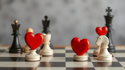 Symbolic chessboard with heart-shaped pieces at varied positions, depicting romantic timing dynamics.