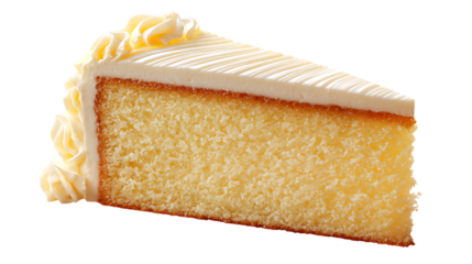Single slice of delicious yellow cake with white frosting on transparent background