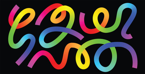 Rainbow gradient swirling ribbon lines creating a playful abstract pattern on a black background