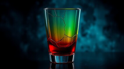 An abstract visualization of a vibrant colorful cocktail glass slowly cracking and draining of its color against a dark background.