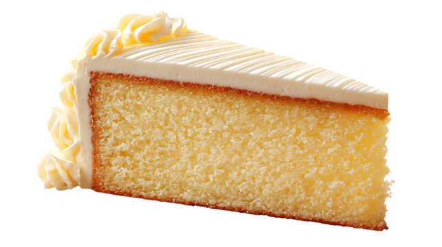 Single slice of delicious yellow cake with white frosting on transparent background