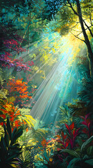Vibrant Jungle Glowing with Sunlight Streams &ndash; Lush Tropical Foliage, Radiant Beams, and Serene Natural Forest Atmosphere