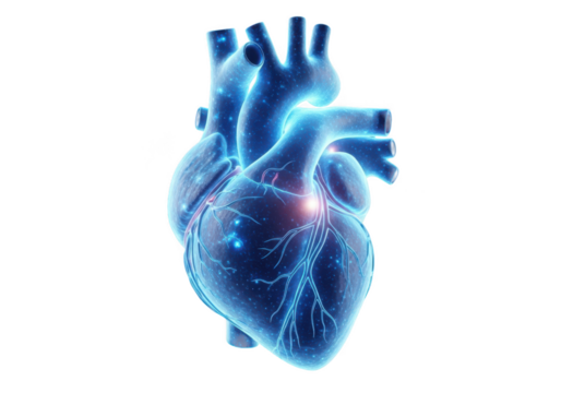 Human heart illustration in blue light on black background
