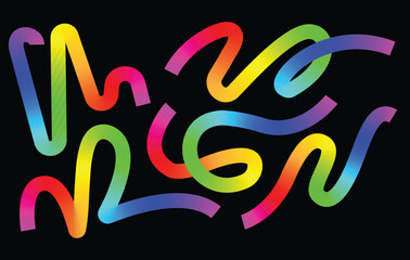 Colorful gradient lines. organic lines, rainbow color ribbons on a black background