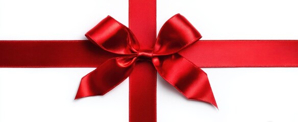 The red satin bow tied on a white wrapped gift with cross ribbons