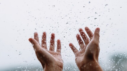 Raised Hands at Rainy Window Feeling of Hope, Release, and Connection in Stormy Weather