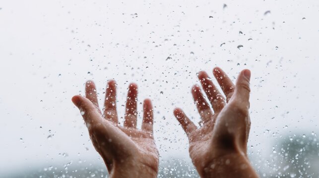 Raised Hands at Rainy Window Feeling of Hope, Release, and Connection in Stormy Weather