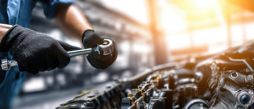 The mechanic repairing a car engine in a sunlit automotive workshop - Powered by Adobe