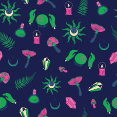 Seamless pattern with green suns, pink mushrooms, crystals, candles, hands, moons on dark blue