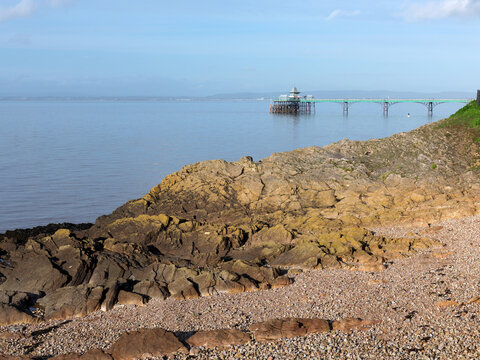 Clevedon pier and Clevedon beach with rocks