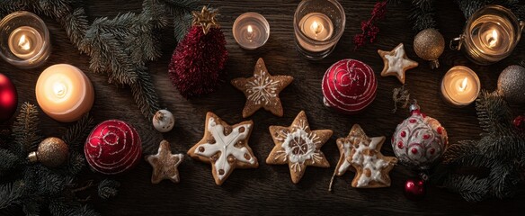 The Star-Shaped Iced Cookies Surrounded by Christmas Ornaments, Candles, and Evergreen Branches