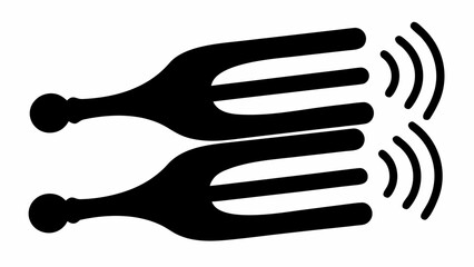 Two black tuning forks aligned vertically with sound waves emanating from the right side shown in black