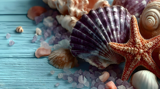 Seashells and Starfish on Light Blue Wooden Surface with Lilac Salt - Powered by Adobe