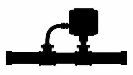 Silhouette of a pipe system with a flow meter and connecting pipes in a horizontal alignment