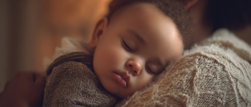 The Baby Sleeping Peacefully on Mother's Shoulder in Cozy Knitwear