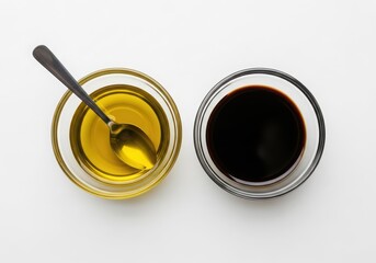 Two glass bowls with oil and balsamic vinegar on a white background. Ingredient for healthy cooking and fresh salad dressing.