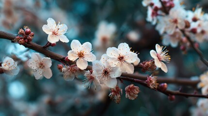 Beautiful white blossoms bloom on a tree branch in spring