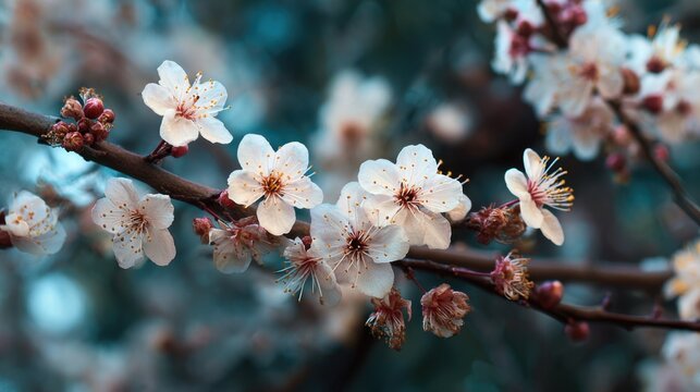 Beautiful white blossoms bloom on a tree branch in spring