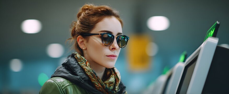 The traveler is checking in at the airport self-service machine quick and easy.