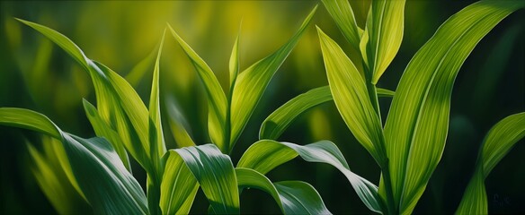 Fototapeta premium Lush green corn leaves soaking up warm golden light on a calm summer night