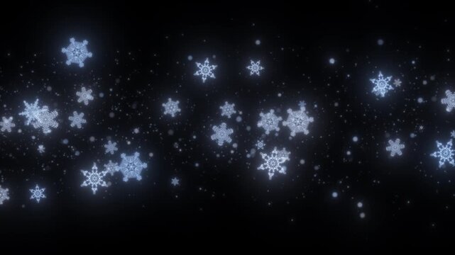 4K Luminous Blue Snowflakes Animation &mdash; Bright Glowing Frost Patterns Moving Left to Right on Transparent Background, Perfect for Christmas, Winter Holidays, Intros, and Seasonal Design Projects