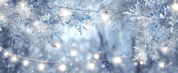 The Frosted Pine Branch with Twinkling Lights and Falling Snow