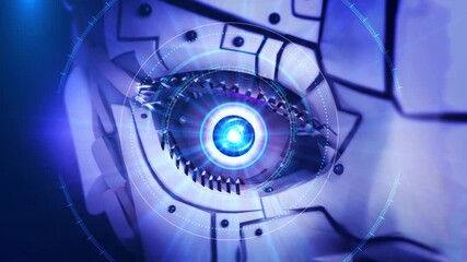 Futuristic digital Robot eye scan particles cyber technology animation. 3D Artificial intelligence. Abstract futuristic digital technology eye. Digital Biometric Security Screening Human Eye Iris. - Powered by Adobe