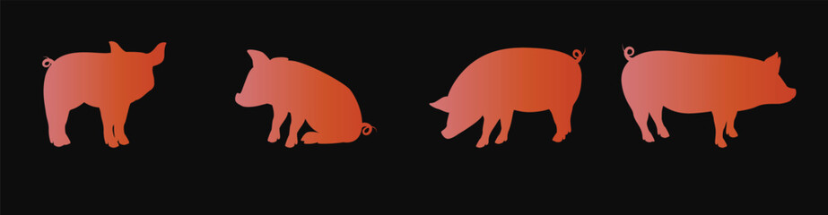 Pig silhouette icon isolated on white background. Black and white line drawing of a pig with detailed texture sketch. Vector illustration.