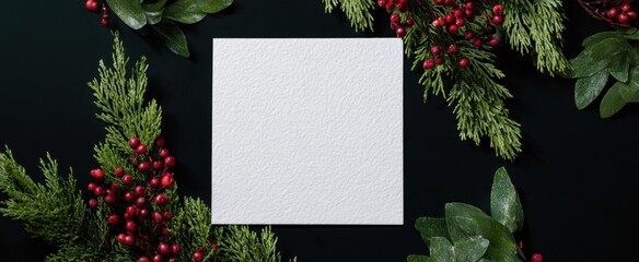 The white card surrounded by evergreen branches and red berries for holiday greetings