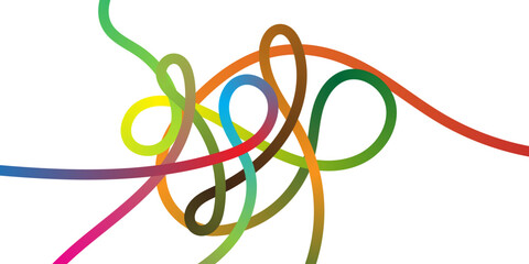 A clean abstract digital design featuring multiple wide, smooth, continuous, and intertwined looping lines, each line displaying a vibrant, distinct color gradient (including blue, green, yellow, red,