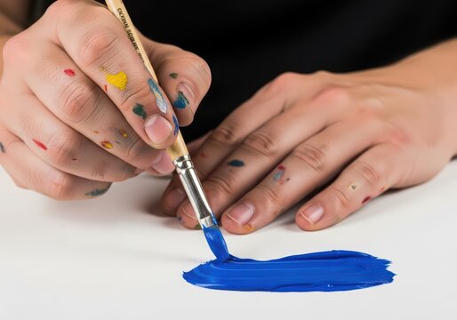 Woman hand holding paintbrush with blue paint stroke on white canvas. Art learning, artist creation, watercolor painting concept. - Powered by Adobe