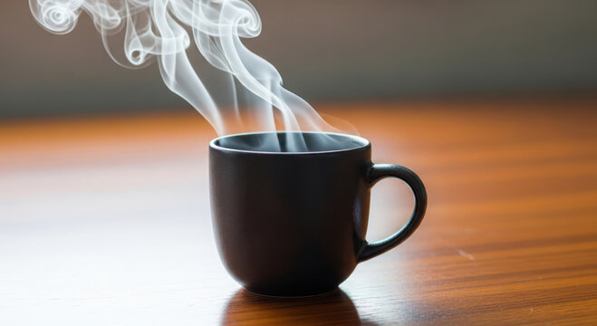Steaming hot coffee mug on wooden table