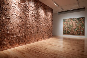 Gallery view with a textured wall art installation and a framed painting