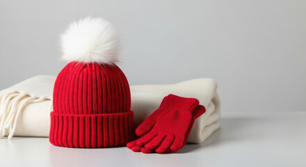 Cozy red winter hat and gloves with scarf