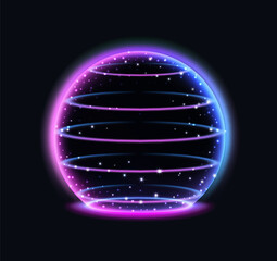 3d sphere shield. Neon glowing round protective barrier, iridescent aura ball element, security dome with spackle light stripes orb, protect electric technology, vector isolated surface guard object © Natalia