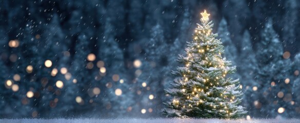 The Christmas tree glowing with lights in snowy winter forest at dusk