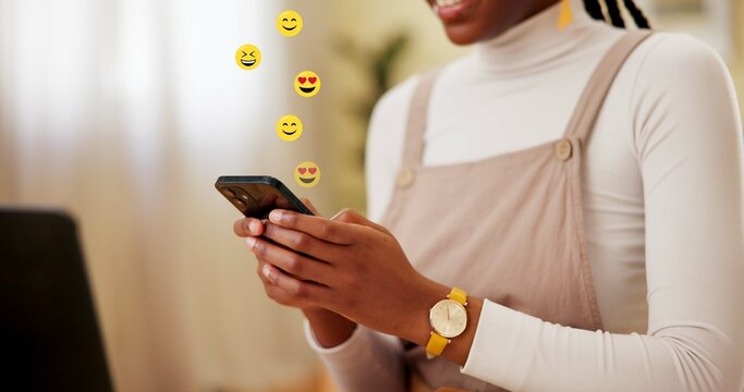 Hands, phone and reaction with emoji at office, smile and texting on break, contact and icon for chat. Person, smartphone and happy for sign, symbol or scroll on social media at creative agency