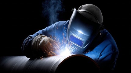 A talented welder focuses intently on a metal pipe, sparks flying as the welding machine creates a vibrant glow. Shadows dance around in the dimly lit workshop, showcasing craft and precision