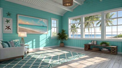 Fototapeta premium Relaxing beach house interior with ocean view offers tranquil escape