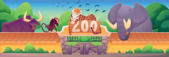 Selbstklebende Fototapeten Zoo Zoo scene. Cartoon kids jungle park gate with animals. Fun safari entrance for children. Entry arch. Landscape of African savannah. Fence with wild rhino and lion. Door in wildlife vector background  © Natalia
