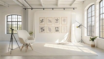 Modern studio setup with sleek chair and nature prints for a fresh look zoom background 