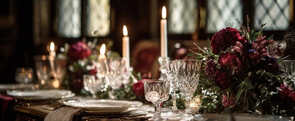 The candlelit dining table set for an elegant romantic dinner with floral centerpiece