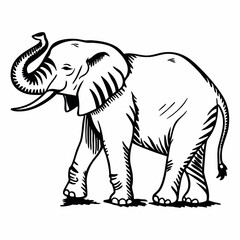 Fototapeta premium Illustration of an elephant with its trunk raised and visible tusks in black and white style created with generative ai