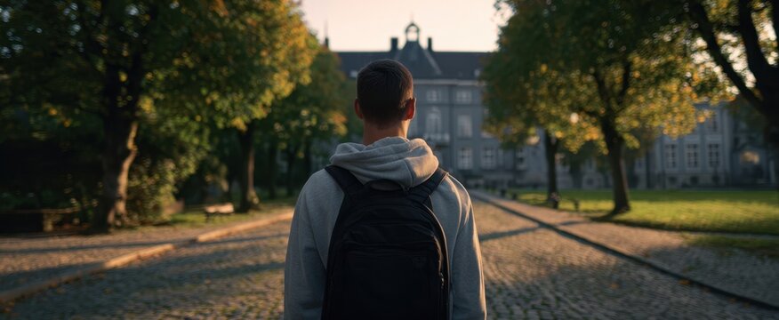 The student with a backpack walking toward a historic university building at sunset