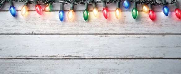 The String Lights On Rustic White Wood Background for Holiday and Seasonal Decoration